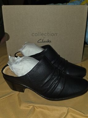 Clarks Black Leather Slip-On Mule Heels